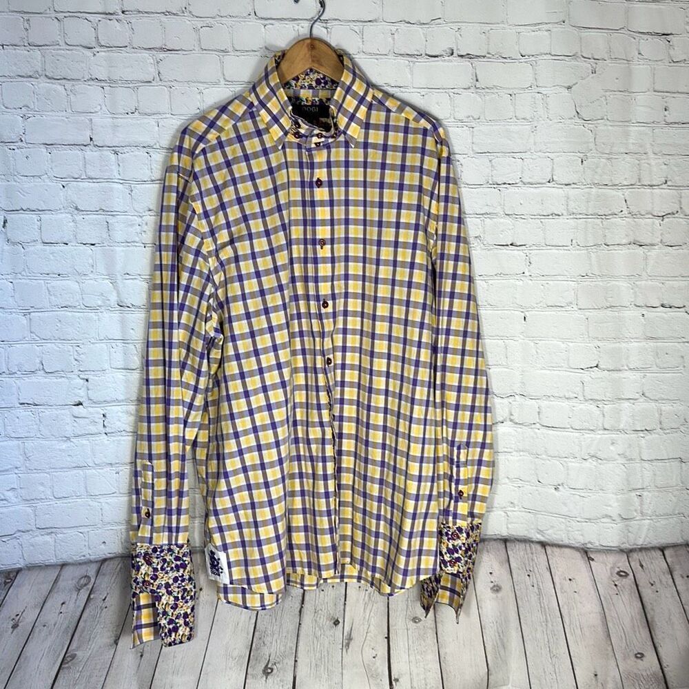 COOGI‎ Luxe Mens Yellow Purple Plaid Floral Button up Shirt size 3XL